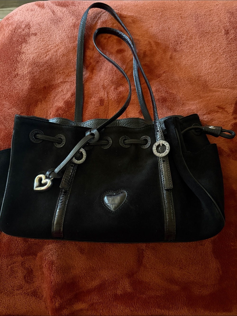 Brighton Black Suede Shoulder Bag with Heart Charm